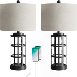 25-Inch Glass Table Lamps Set of 2, 3-Way Dimmable with USB and Type C, Black