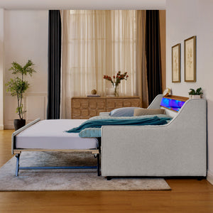 Upholstered Sofa Bed With LED Lights, Storage Headboard, Foldable Trundle & Wireless Charging