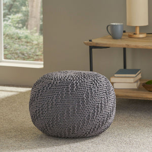 Hazel - Modern Knitted Cotton Yarn Round Pouf With Eco Friendly Pet Fibers - Dark Gray - Best Buy Furniture