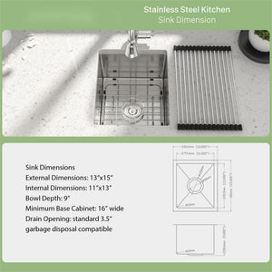 13" Undermount Kitchen Sink 16 Gauge Single Bowl - Brushed Nickel