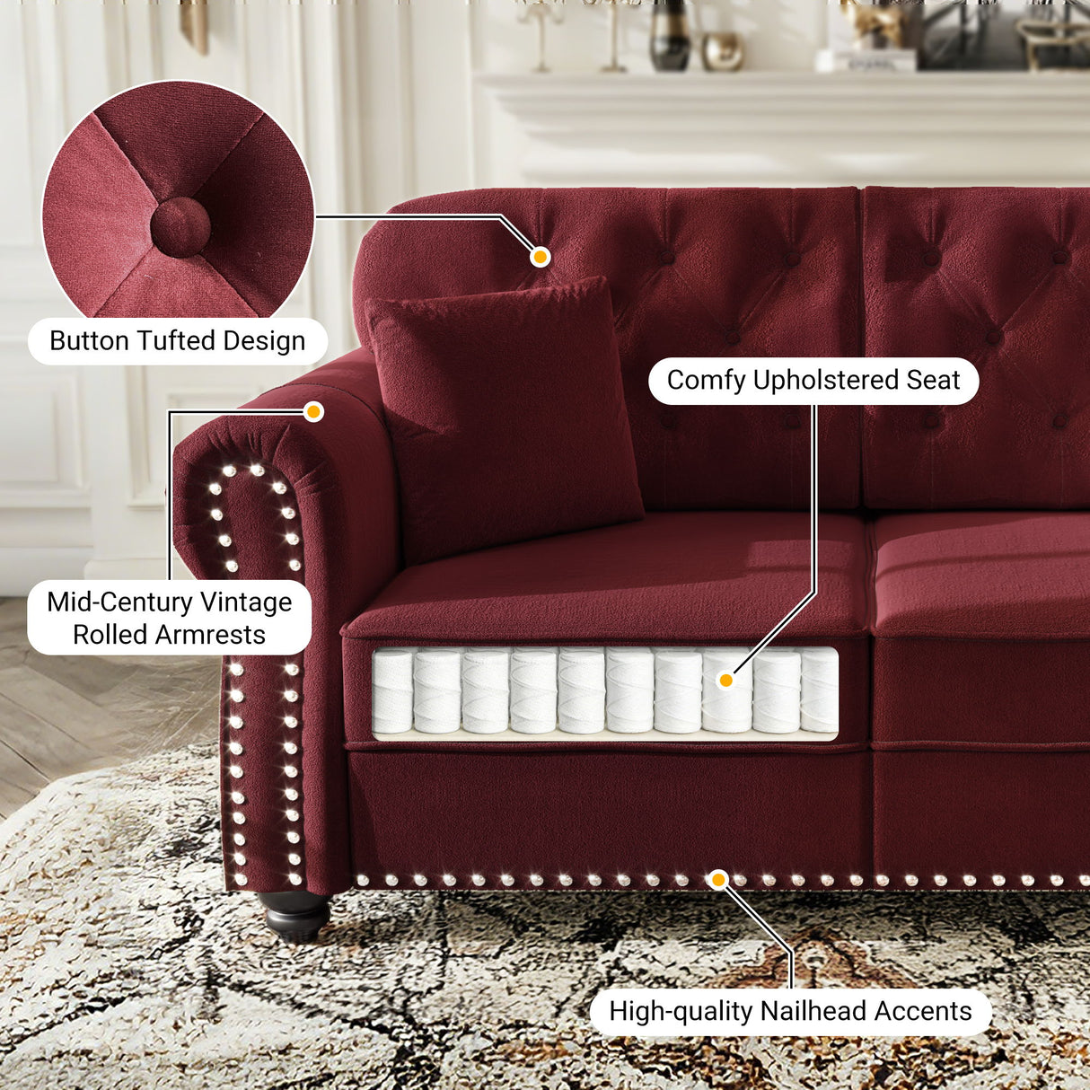 Upholstered 3 Seater Sofa Set With Ottoman