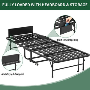 Twin Folding Bed With Adjustable Headboard & Memory Foam, Space Saving Rollaway Guest For Tall People, Portable On Wheels, Easy Assembly - Black