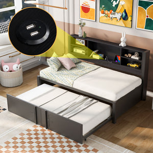 Industrial Metal Daybed With Trundle, Storage Shelves, USB Ports