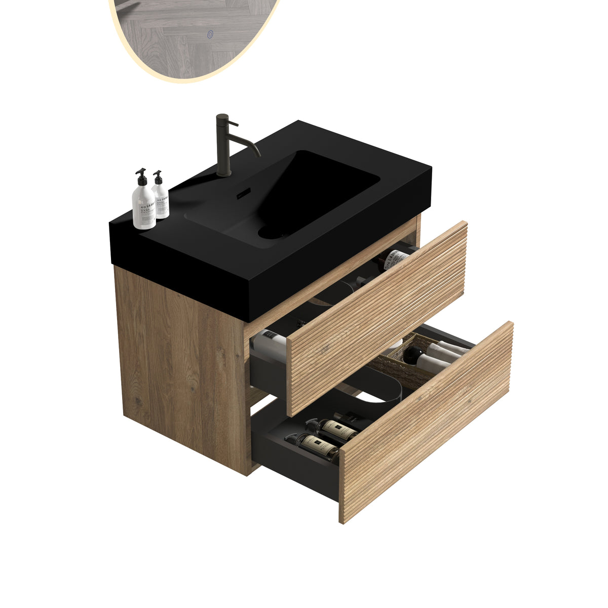 Grace 30-Inch Wall-Mounted Bathroom Vanity, Black and Oak with Soft-Close Drawers