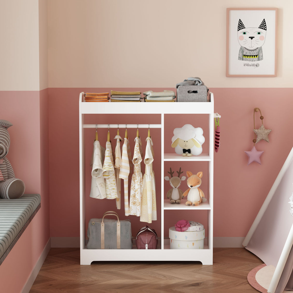 Dress Up Storage With Mirror And Hooks, Clothes Rack With Hanging Rod, 3 Side Hooks, Open Shelves, Top Shelf Organizer - White