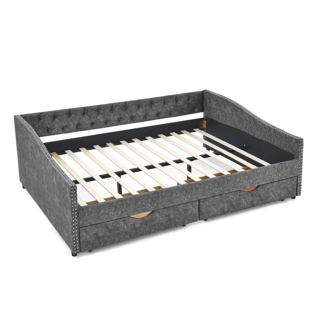 Upholstered Tufted Daybed With Drawers, Waved Arms