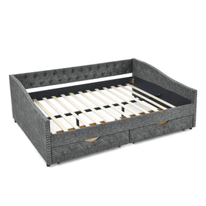 Upholstered Tufted Daybed With Drawers, Waved Arms