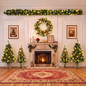 6-Piece Christmas Tree Set – 4 Trees with Sturdy Bases, 1 Pre-Lit Wreath, 1 Garland, Warm