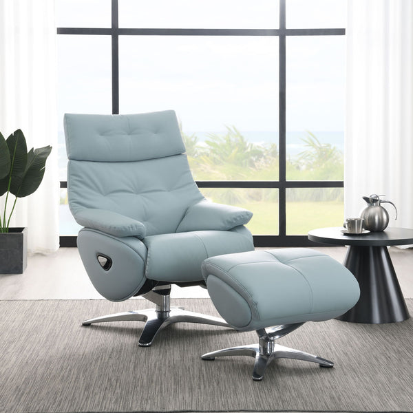 Janella - Top Grain Leather Accent Chair With Swivel & Ottoman - Baby Blue