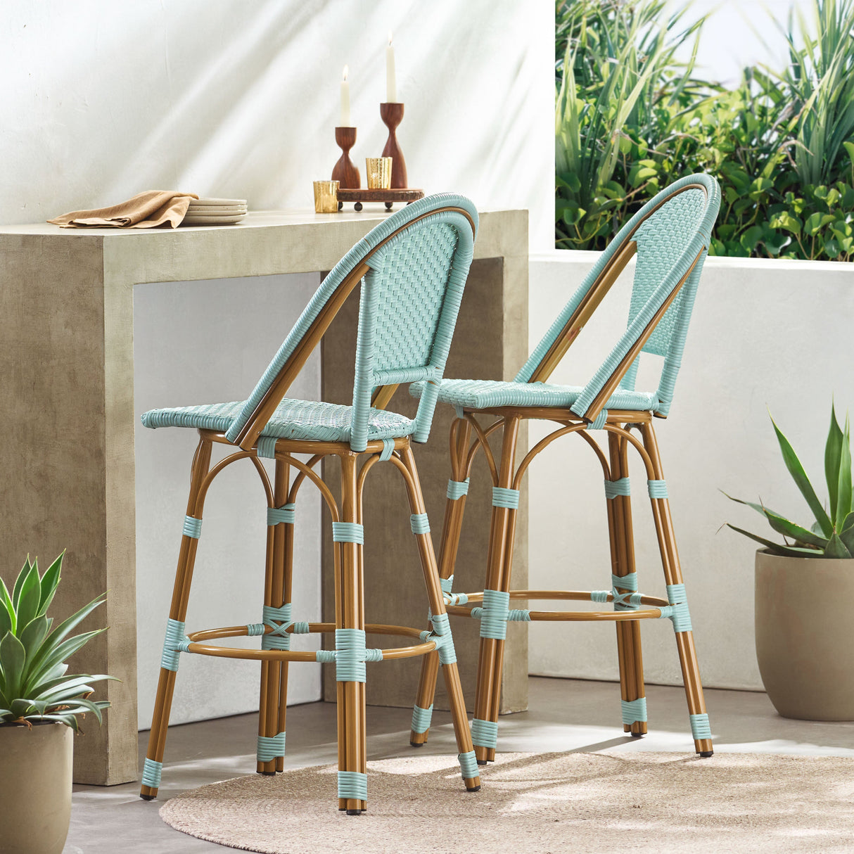 29.5' Outdoor PE Rattan and Aluminum French Barstools, Set of 2