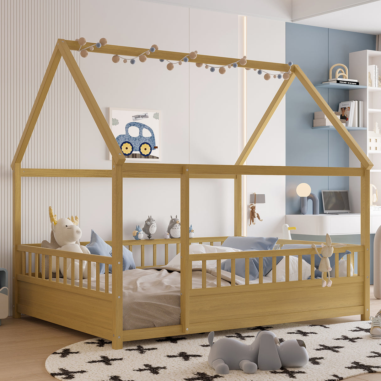 Full Size Wooden Bed with House Roof Frame