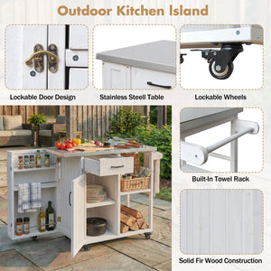 Outdoor Kitchen Island Prep Station With Lockable Wheels, Ample Storage, Towel & Spice Racks