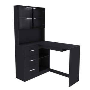 L-Shaped Computer Desk With Glass Cabinets, Built In LED Lights, USB Charging Ports