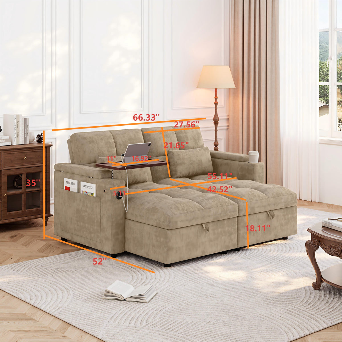 66.33" Modular Sleeper Sofa with Double Storage Chaise
