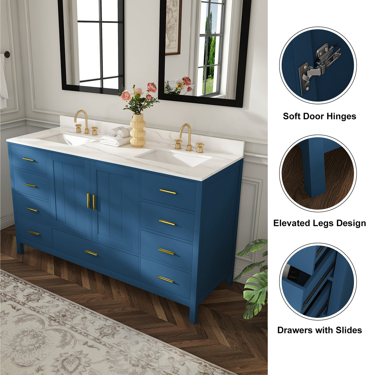 60" Solid Wood Bathroom Vanity with Double Sinks