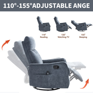 Blue Heat Massage Manual Recliner Chair with Rocker and Swivel