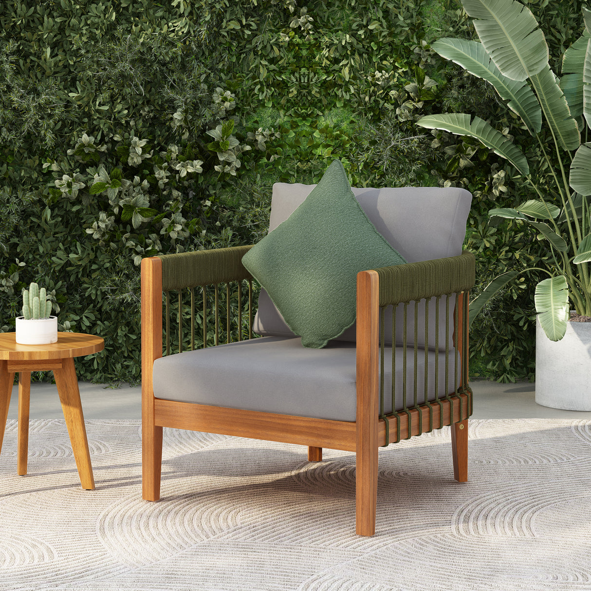 Acacia Wood Outdoor Club Chair with Handwoven Rope Accents