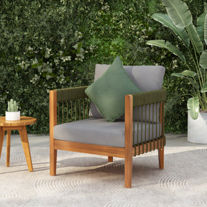 Acacia Wood Outdoor Club Chair with Handwoven Rope Accents