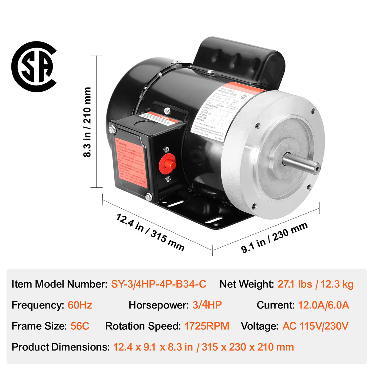 0.75HP Electric Motor 1725 RPM AC 115V/230V 56C Frame