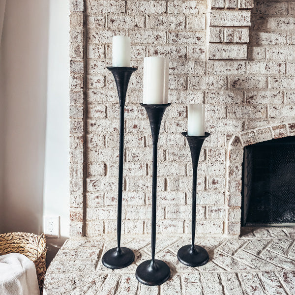Tall Flared Black Iron Candle Holders, Set of 3