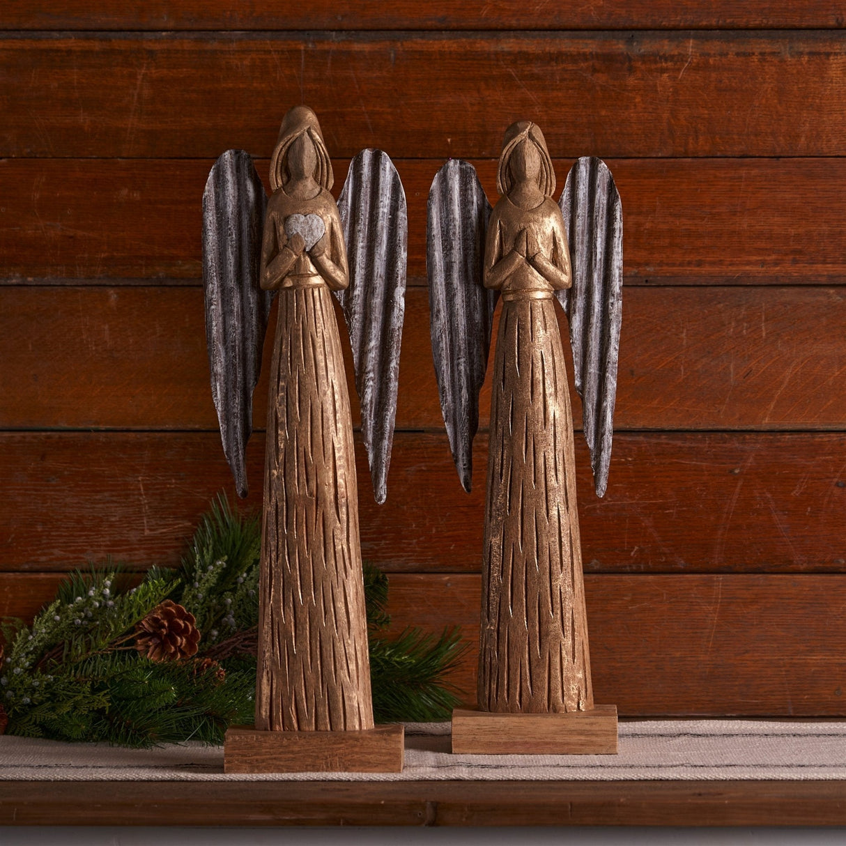Carved-Wood-Angel-Statue-(Set-of-2)-Christmas-Decor