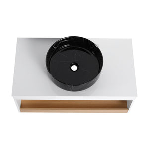 Floating Bathroom Vanity With Vessel Sink With Open Shelf Storage