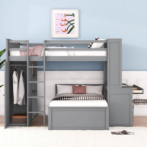 Loft Bed With A Twin Size Standalone Bed, Shelves, Desk, And Wardrobe