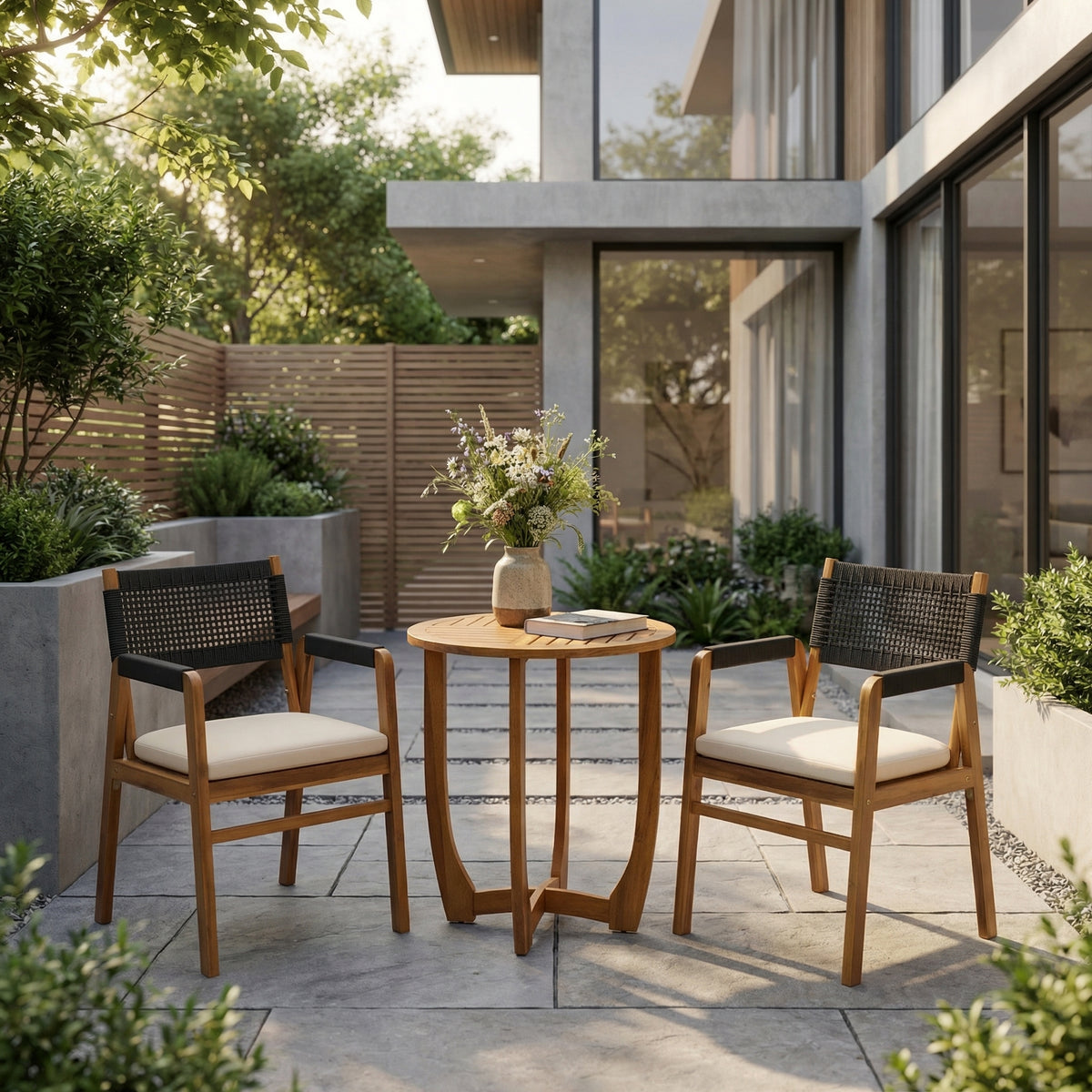 Outdoor 3-Piece Acacia Wood Dining Set with Cushion