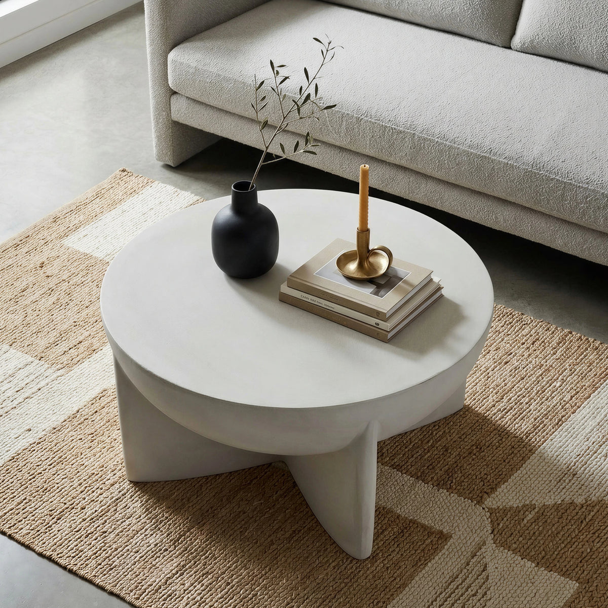 Matte White Round Coffee Table, Magnesium Oxide Sculptural Tripod Base