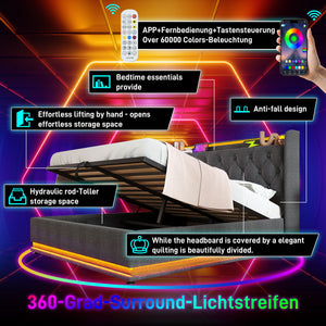 Upholstered Bed, 360 Surround LED Function, Remote Control, Hydraulic Storage Bed With USB, Type-C Charging (Without Mattress)