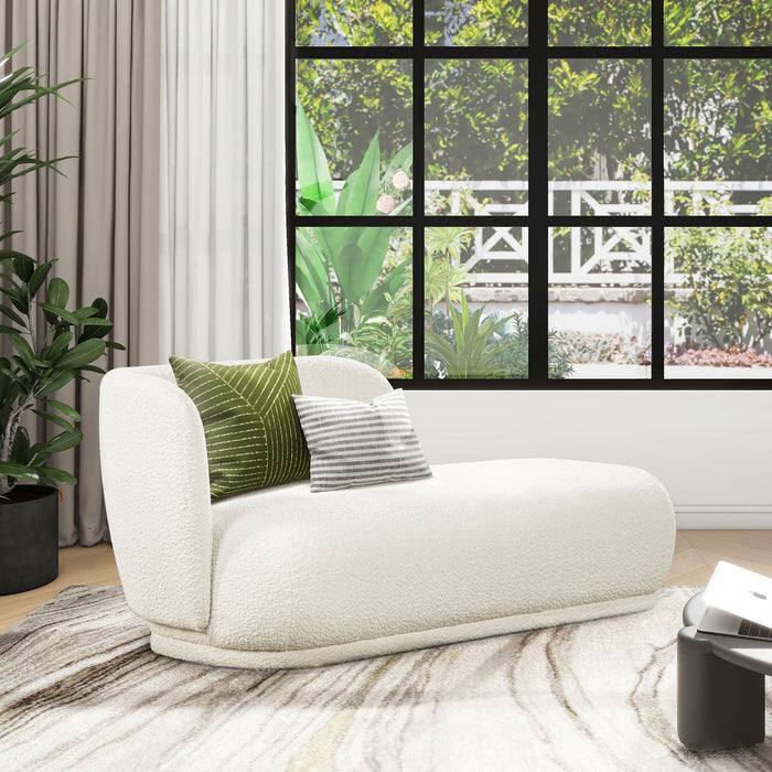 Ivory White Modern Rounded Chaise Lounge with Faux Sheepskin Upholstery
