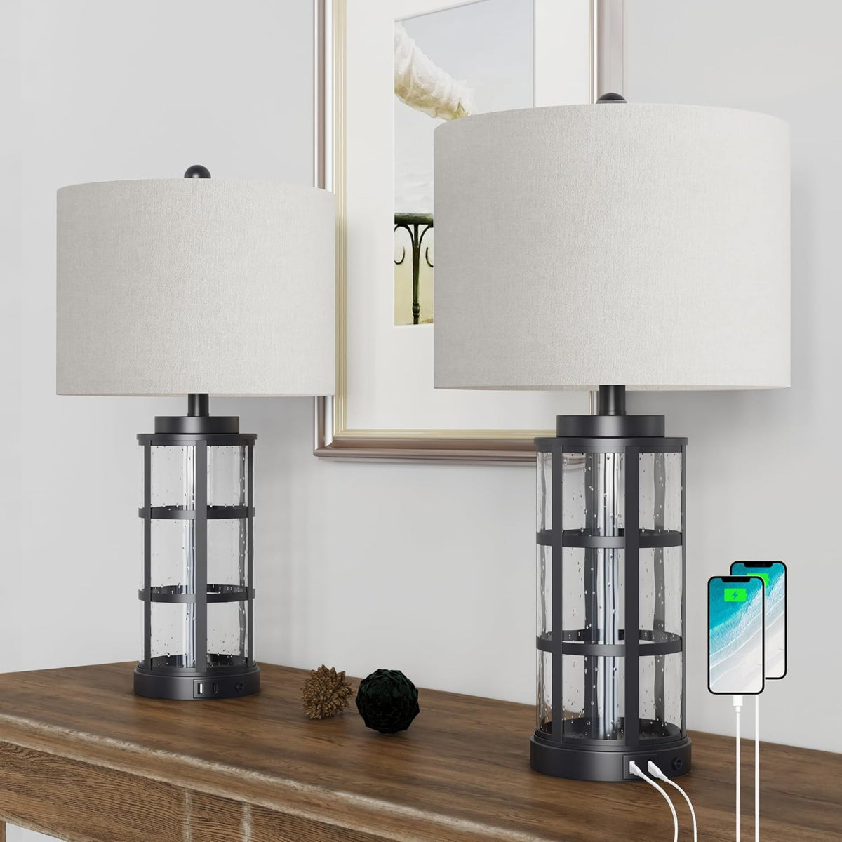 25-Inch Glass Table Lamps Set of 2, 3-Way Dimmable with USB and Type C, Black