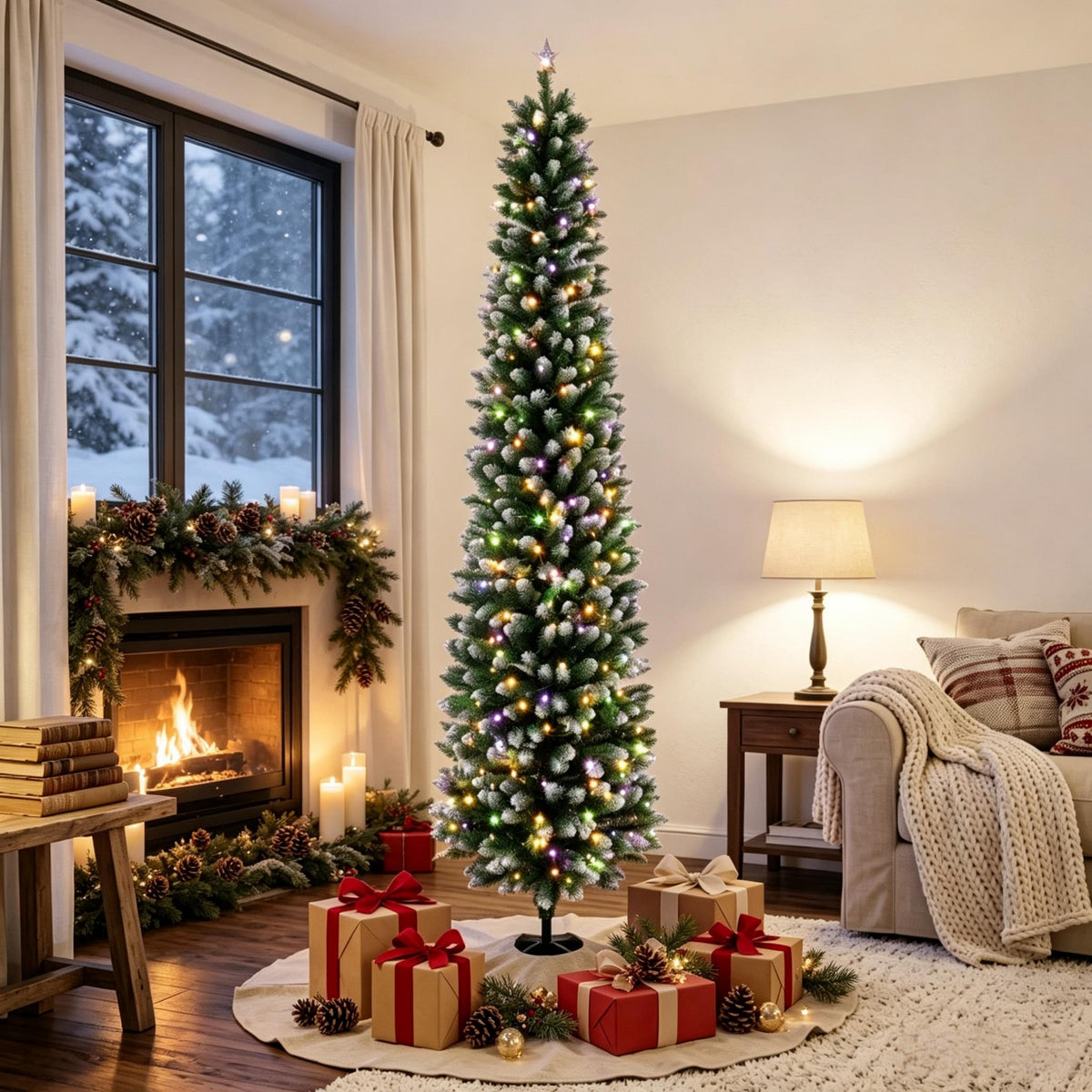 8ft Flocked Pencil Prelit Christmas Tree, Dual-Color