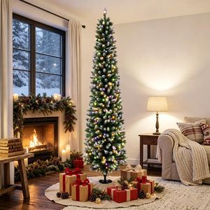 8ft Flocked Pencil Prelit Christmas Tree, Dual-Color