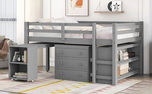 Loft Low Study Bed With Cabinet, Shelves And Rolling Portable Desk, Multiple Functions