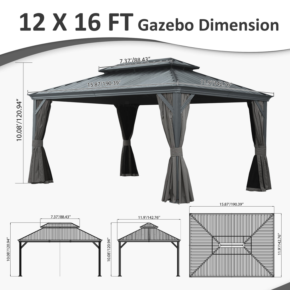 12' x 16' Hardtop Gazebo with Dual-Layer Roof