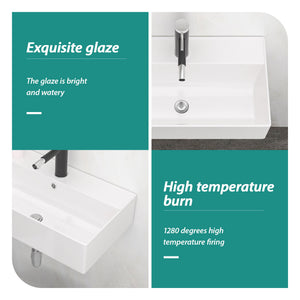 Modern Ceramic Rectangular Wall Mounted Bathroom Sink With Faucet Hole & Overflow