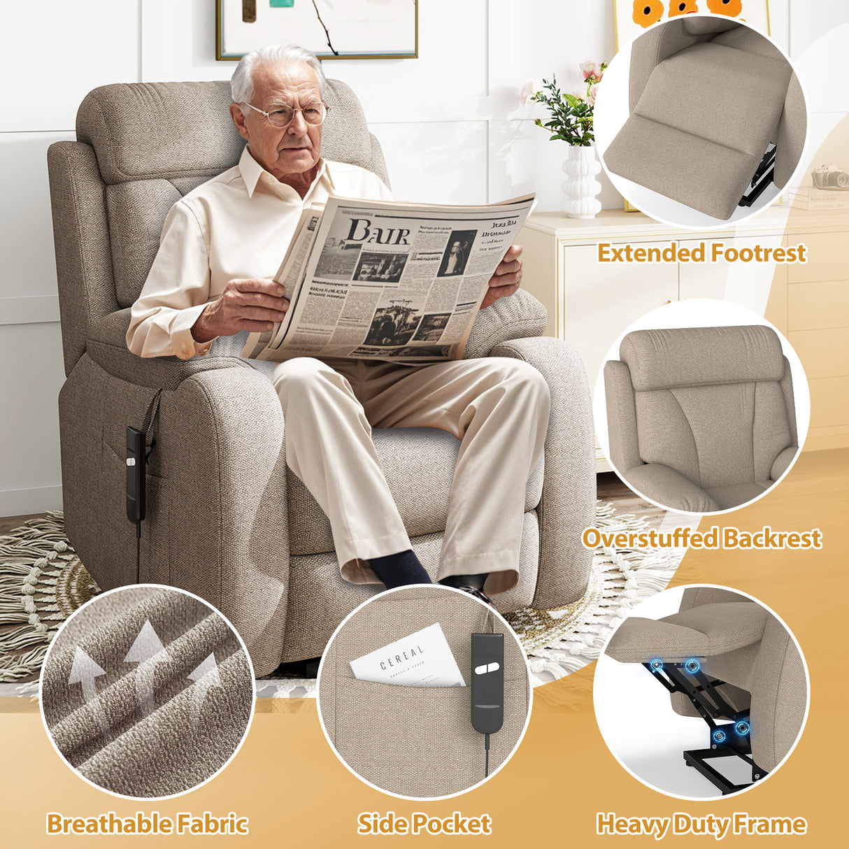 Power Lift Recliner for Elderly - Adjustable Velvet Chair