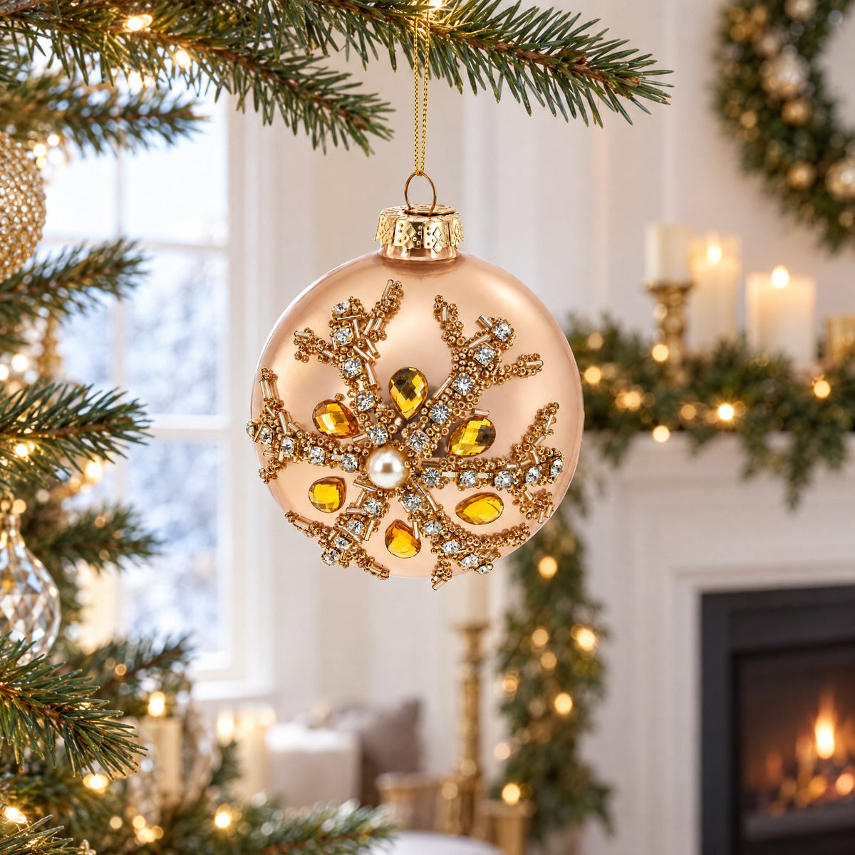 Rose Gold and Yellow Bejeweled Glass Egg Christmas Ornament