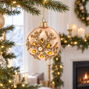 Rose Gold and Yellow Bejeweled Glass Egg Christmas Ornament