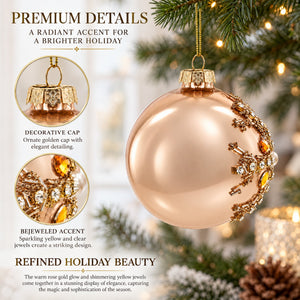 Rose Gold and Yellow Bejeweled Glass Egg Christmas Ornament