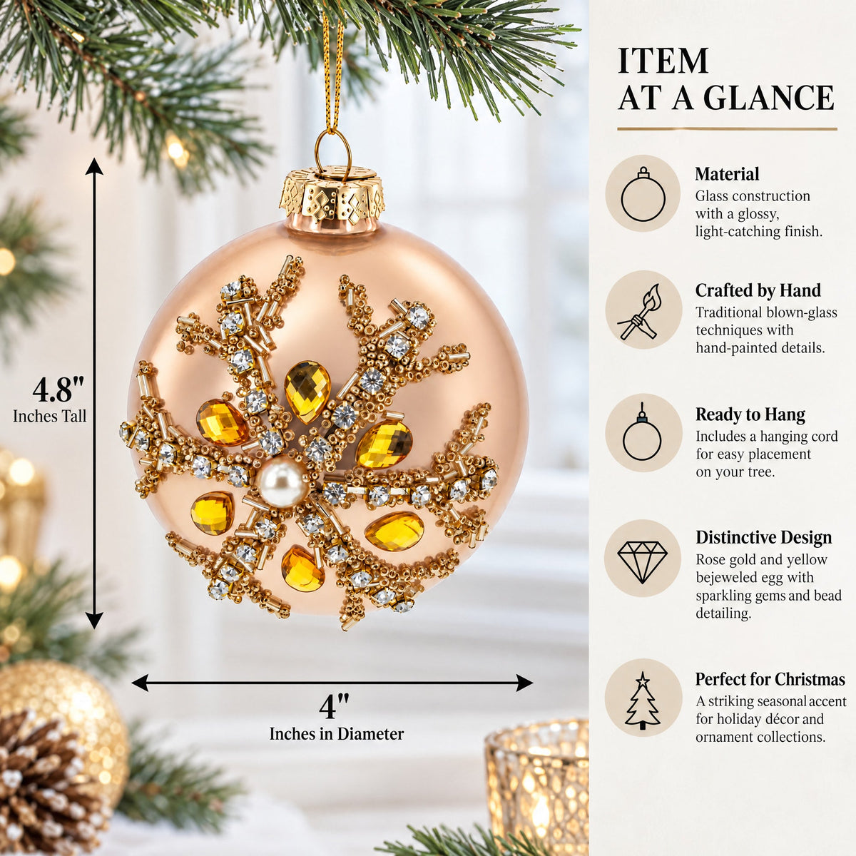 Rose Gold and Yellow Bejeweled Glass Egg Christmas Ornament