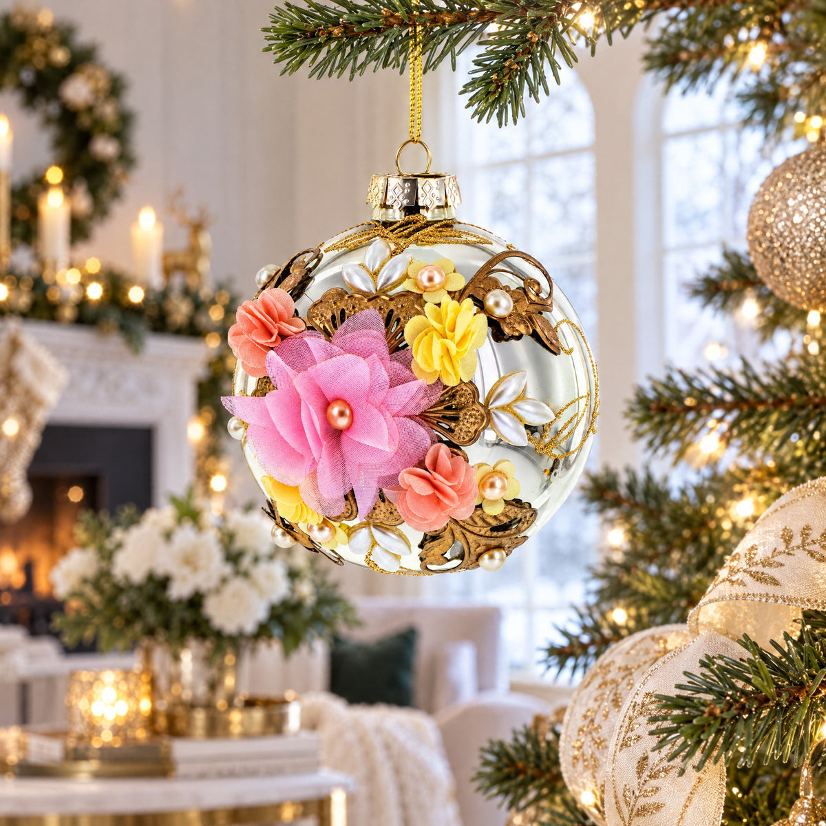 Fabric Flowers on Glass Ball Artistic Glass Christmas Ornaments Ornament