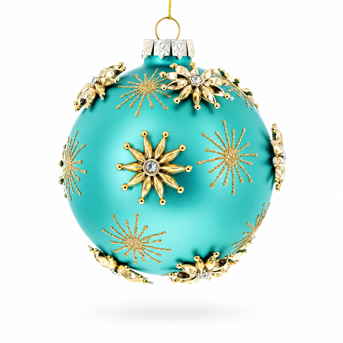 Turquoise Ball with Gold Starburst Flowers Glass Ball Christmas Ornament