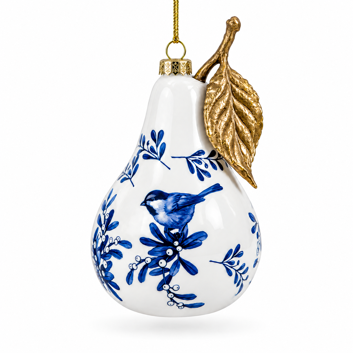 Bird on White Pear with Gold Leaf Glass Christmas Ornament