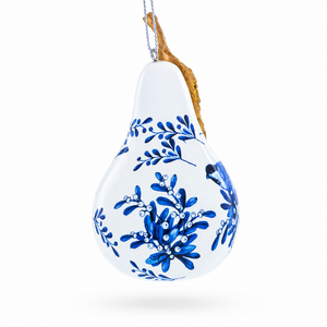 Bird on White Pear with Gold Leaf Glass Christmas Ornament