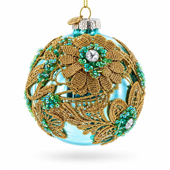 Gold Flower Lace on Green Glass Ball Christmas Ornament