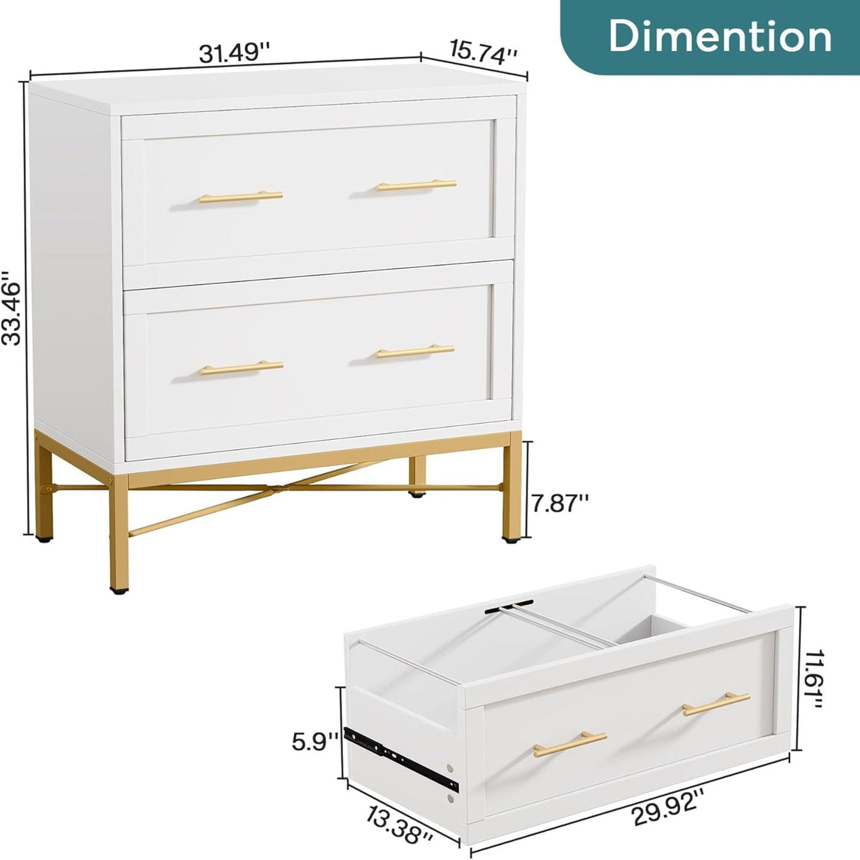 2 Drawer Lateral File Cabinet With Anti Tilt Safety, Filing Storage For Letter / Legal / A4 Files - White