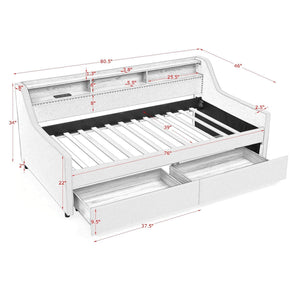 Twin Upholstered Sofa Bed With LED Lights, Storage Drawers, Adjustable Headboard & Wireless Charging - Beige