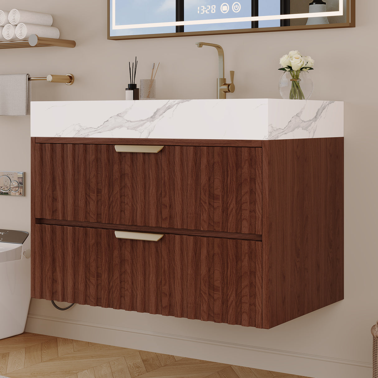 30" Modern Floating Bathroom Vanity with Seamless Sintered Stone Top & Ceramic Basin – 2 Soft-Close Drawers, Wall-Mounted